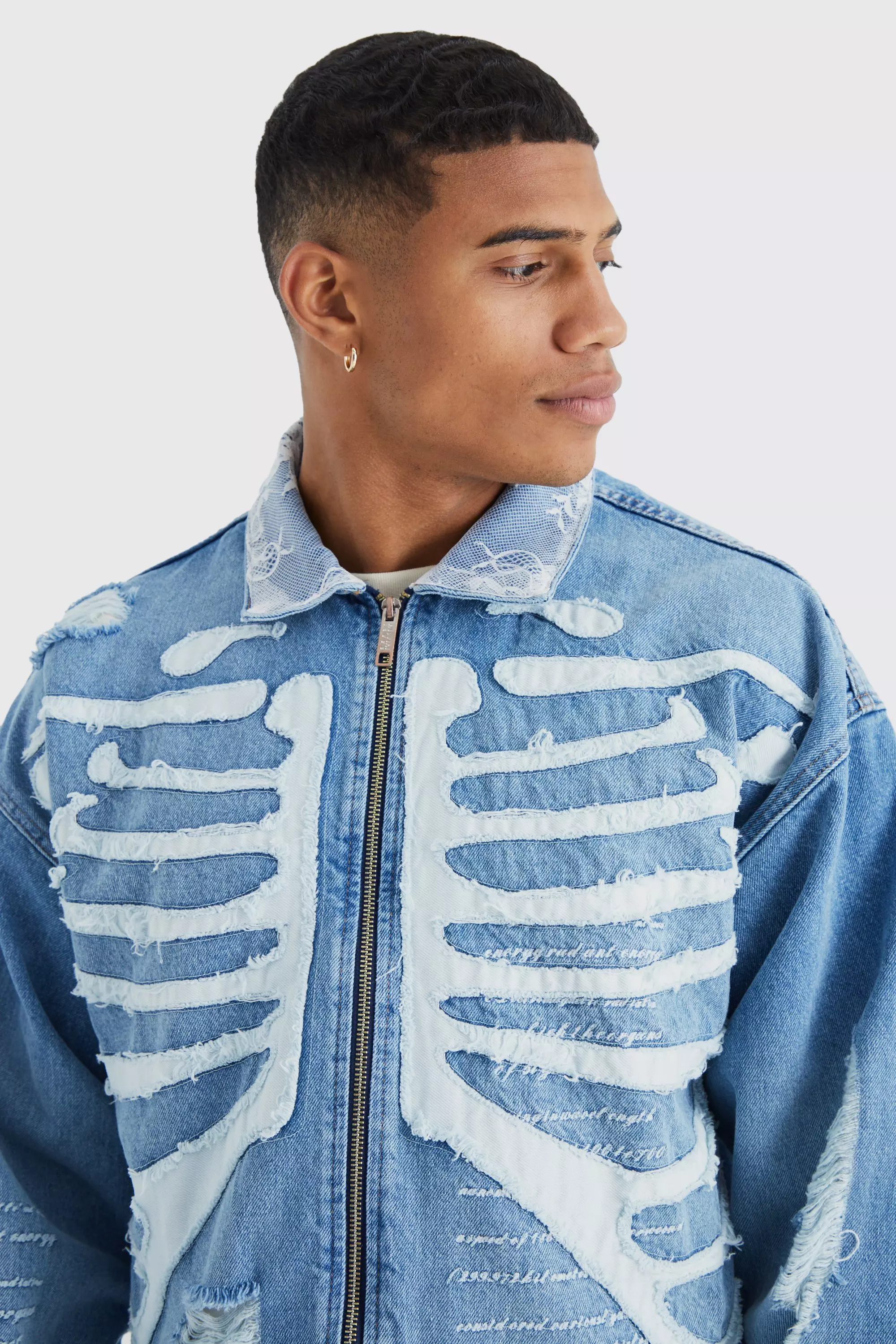 Boxy Skeleton Applique Denim Jacket | boohooMAN USA